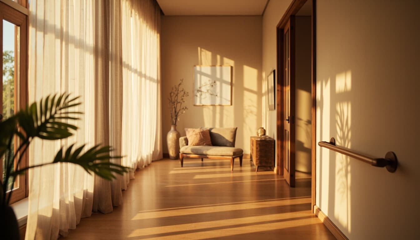 Sala de estar clara e acolhedora com corrimão discreto na parede, poltrona baixa perto da janela e luz natural suave sobre piso de madeira
