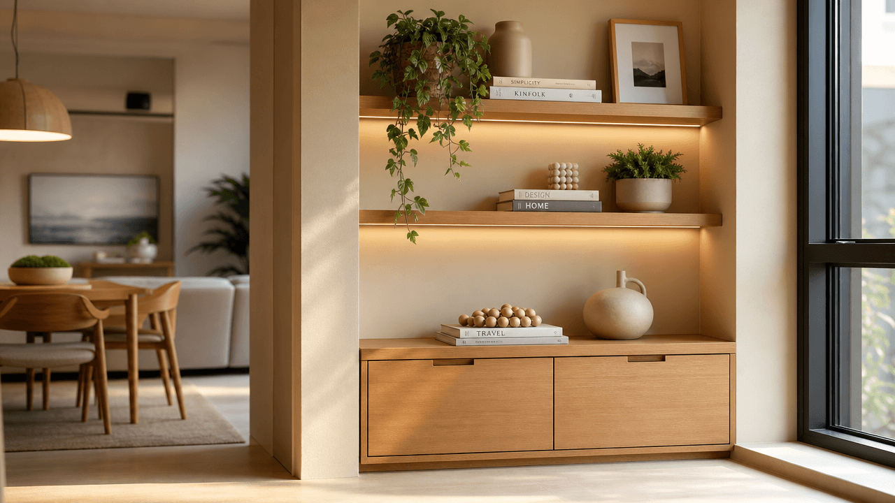 Vista ampla de uma sala de estar moderna com solução de armazenamento elegante em um canto estreito junto a uma janela, com iluminação natural e tons de madeira