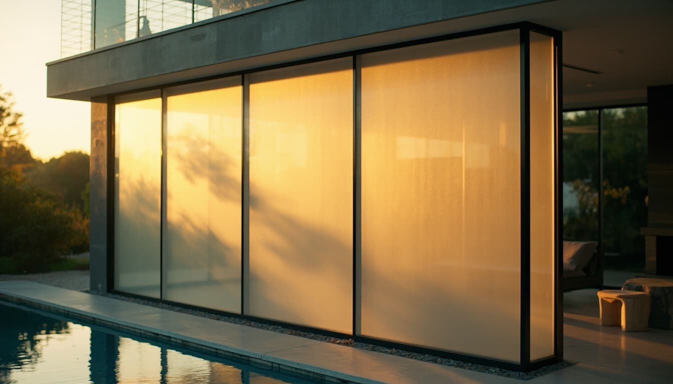 Fachada residencial moderna com parede de vidro contínua e proteção solar sutil que equilibra luminosidade e privacidade.