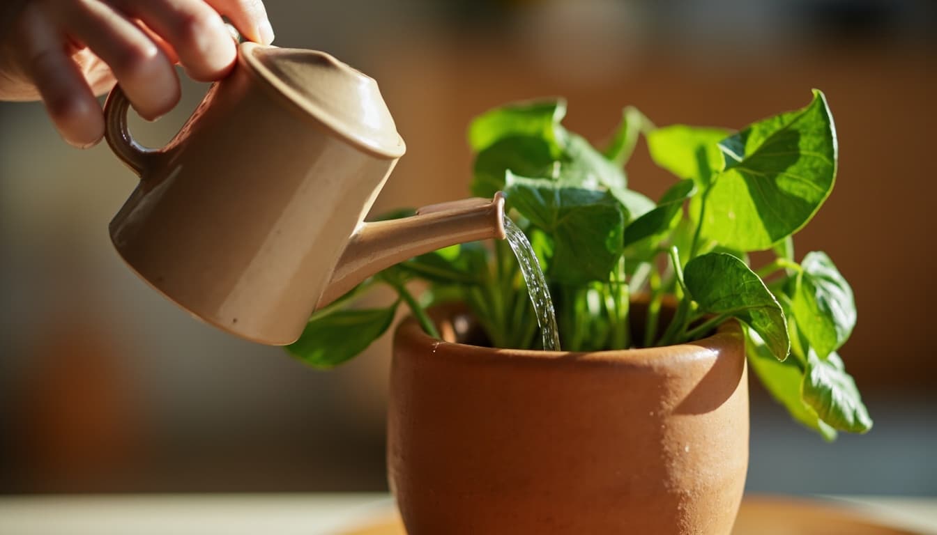 Mãos segurando uma regadora de cerâmica pequena, regando uma planta de samambaia em um vaso de barro, iluminado pela luz natural da janela.