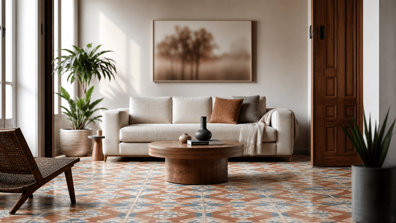 Sala de estar contemporânea com piso hidráulico antigo restaurado em destaque, iluminada pela luz natural e decorada com mobiliário minimalista.